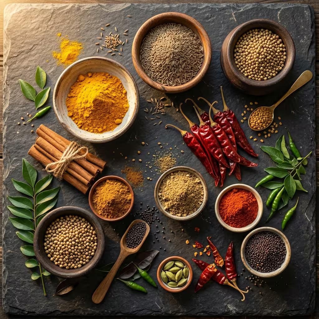 Indian spices, garlic, ginger and fresh herbs arranged on a cream wood-plank surface